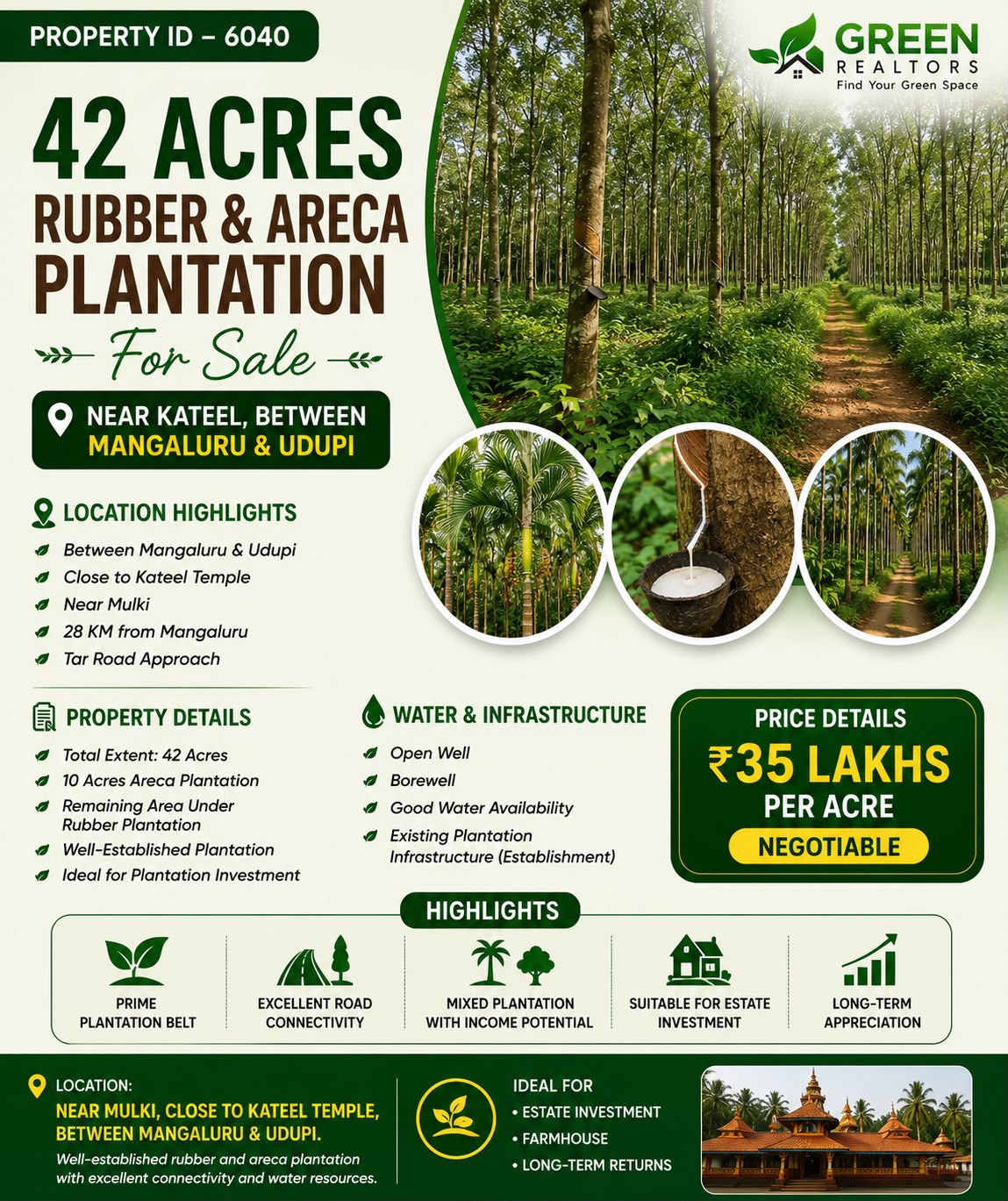 🆔 *PROPERTY ID – 6040* 🌴🌿 *42 Acres Rubber and areca Plantation for Sale – Near Kateel, Between Mangaluru & Udup